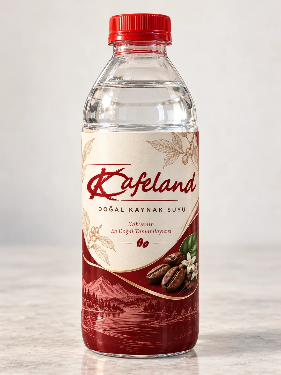 Kafeland özel etiketli su şişesi tasarım örneği